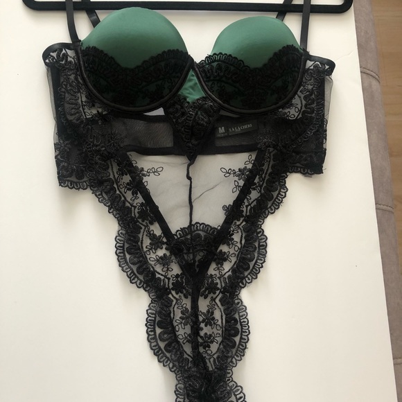 ❤️SOLD❤️Oh La La Cheri Paulette Lace Trim Satin Thong Bodysuit Black Green - Picture 3 of 13